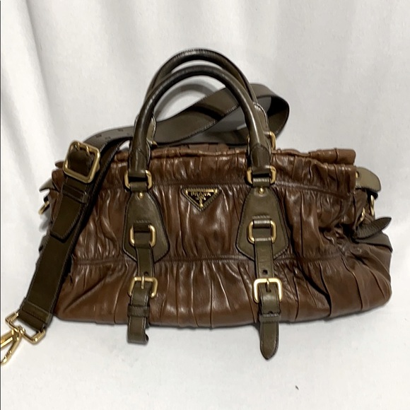 PRADA Nappa Gaufre Brown Leather Ruched Tote Bag - Picture 1 of 9
